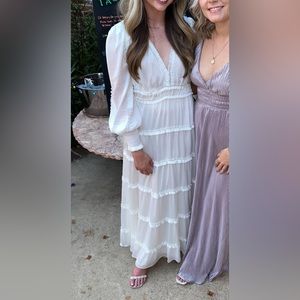 Plisse Satin Ruffle Deep V-Neck Long Smocked Cuff Sleeve Tiered Maxi